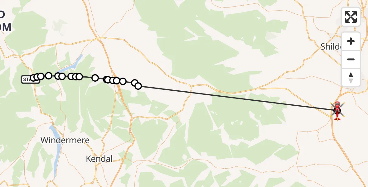 Flight route Air Ambulance Helicopter Thirlmere - Middleton Tyas, 28 May 2026, 13:04