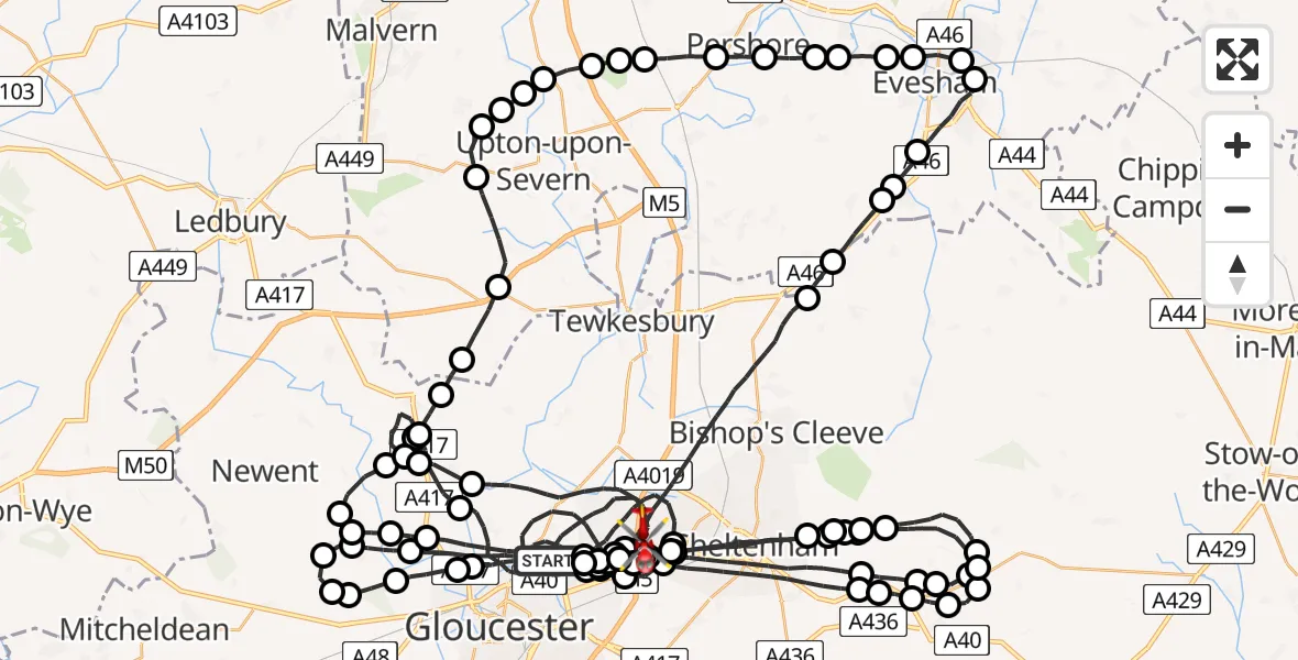 Flight route Air Ambulance Helicopter Tewkesbury - Tewkesbury, 28 May 2026, 13:20