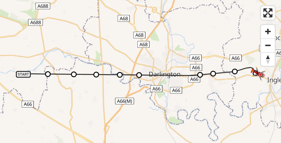 Flight route Air Ambulance Helicopter Wycliffe with Thorpe - Egglescliffe, 28 May 2026, 13:21