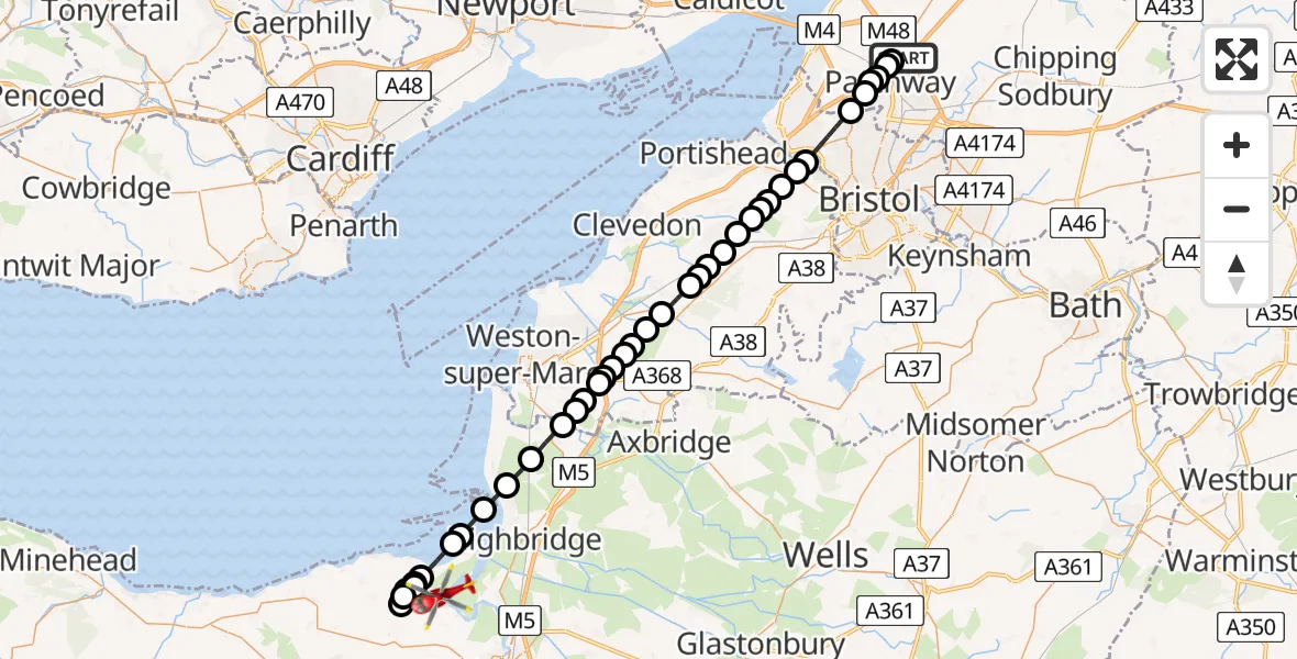 Flight route Air Ambulance Helicopter Almondsbury Helicopter Base - Combwich, 28 May 2026, 13:25