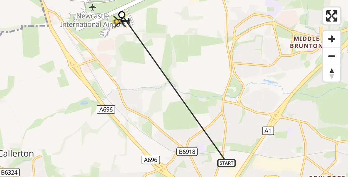 Flight route Police Helicopter Kenton - Newcastle International Airport, 28 May 2026, 13:27