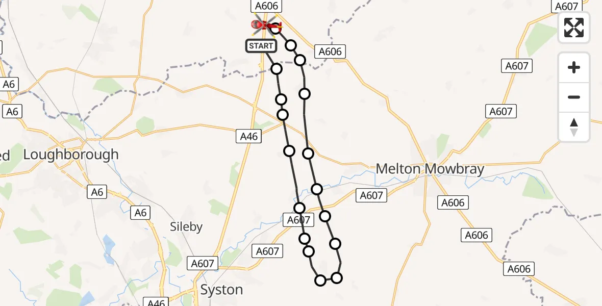 Flight route Air Ambulance Helicopter Willoughby on the Wolds - Nottingham Heliport, 28 May 2026, 13:28