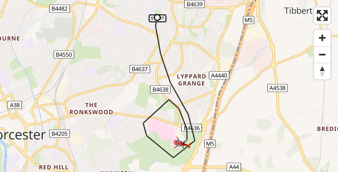 Flight route Air Ambulance Helicopter Worcester - Worcester, 28 May 2026, 13:37