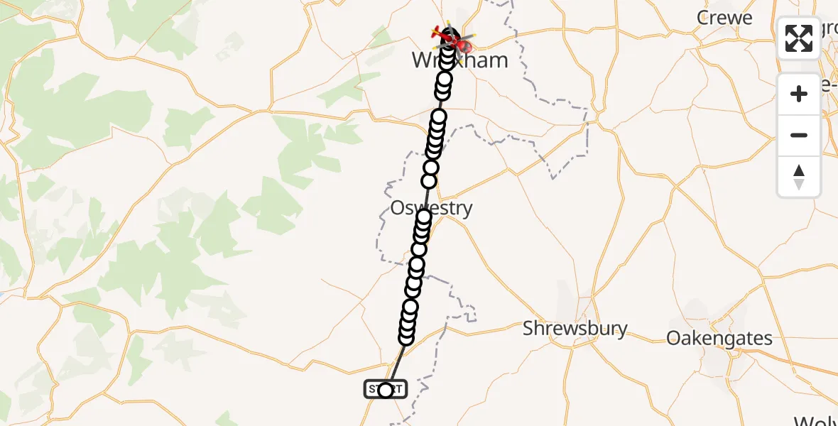 Flight route Air Ambulance Helicopter Welshpool Airport - Rhosrobin, 28 May 2026, 13:38