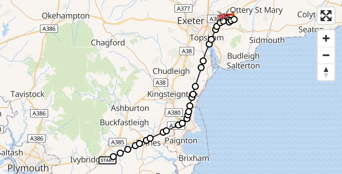 Flight route Air Ambulance Helicopter Ugborough - Rockbeare, 28 May 2026, 13:46