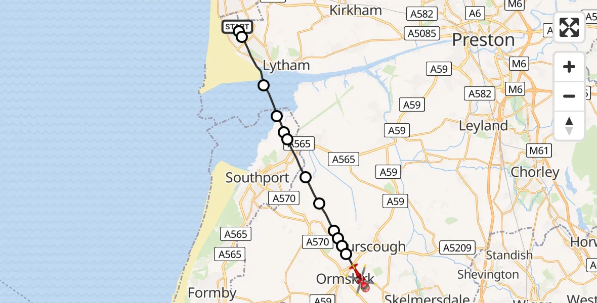 Flight route Air Ambulance Helicopter Blackpool Airport - Ormskirk, 28 May 2026, 13:48