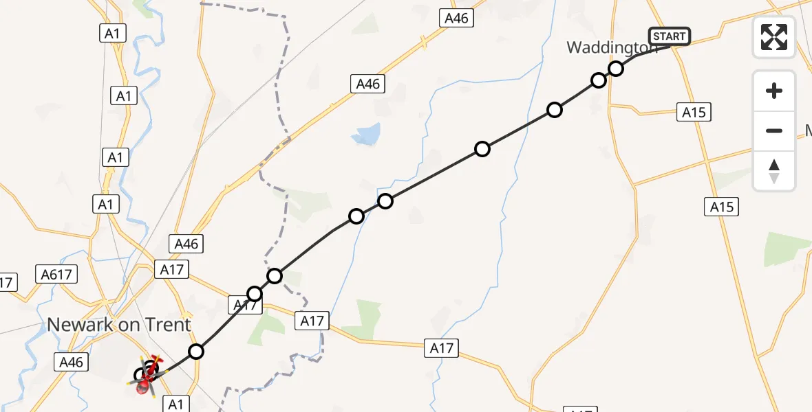 Flight route Air Ambulance Helicopter RAF Waddington - Newark on Trent, 28 May 2026, 13:53