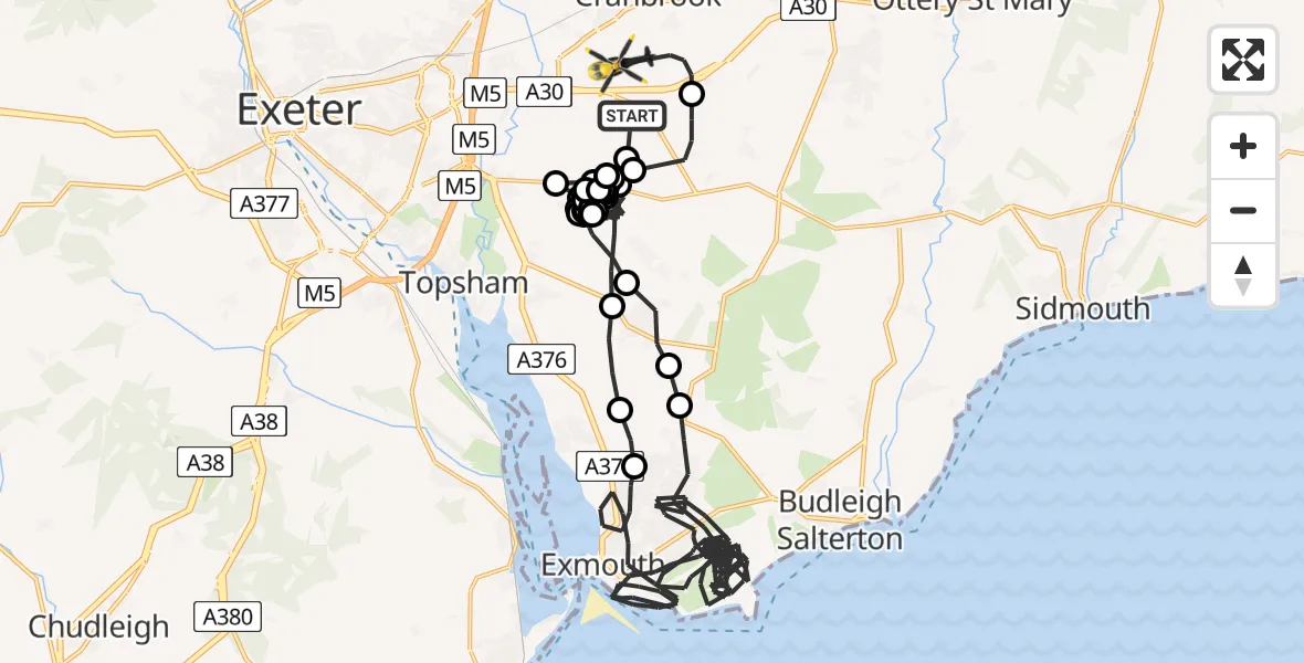 Flight route Police Helicopter Aylesbeare - Exeter International Airport, 28 May 2026, 13:54