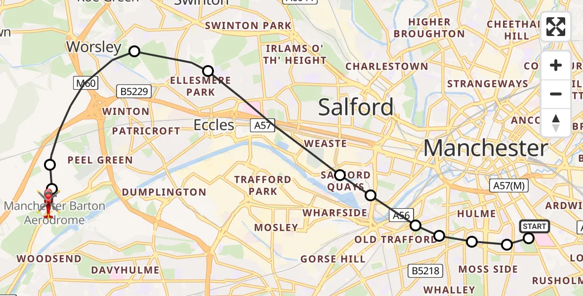 Flight route Air Ambulance Helicopter City Centre - Manchester Barton Aerodrome, 28 May 2026, 13:56
