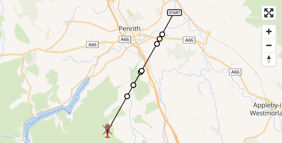 Flight route Air Ambulance Helicopter Edenhall - Bampton, 28 May 2026, 13:57