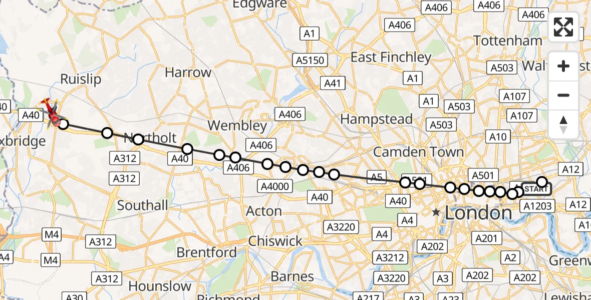 Flight route Air Ambulance Helicopter Stepney - Ickenham, 28 May 2026, 14:00