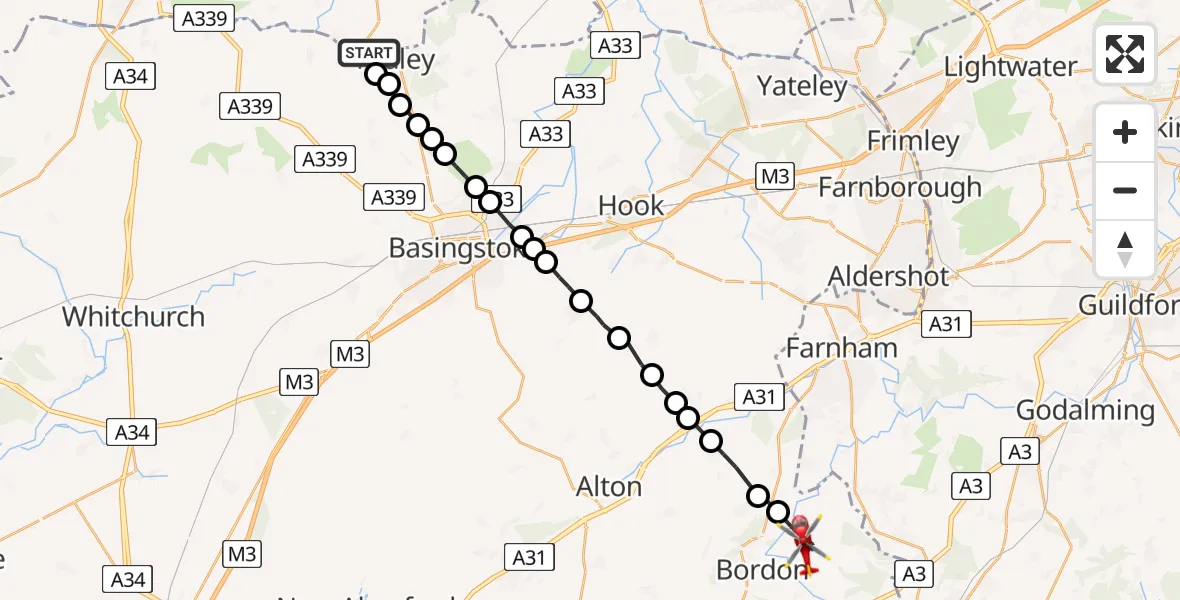 Flight route Air Ambulance Helicopter Heath End - Headley, 28 May 2026, 14:02