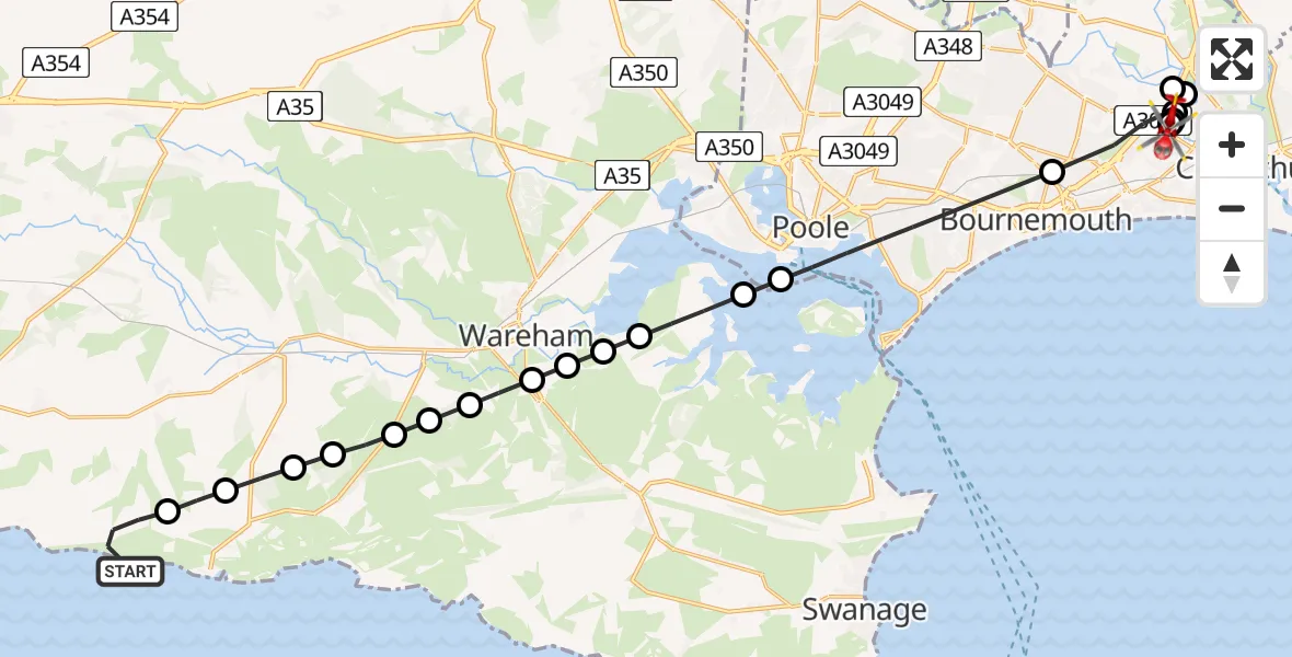 Flight route Air Ambulance Helicopter Chaldon Herring - Royal Bournemouth Hospital, 28 May 2026, 14:02