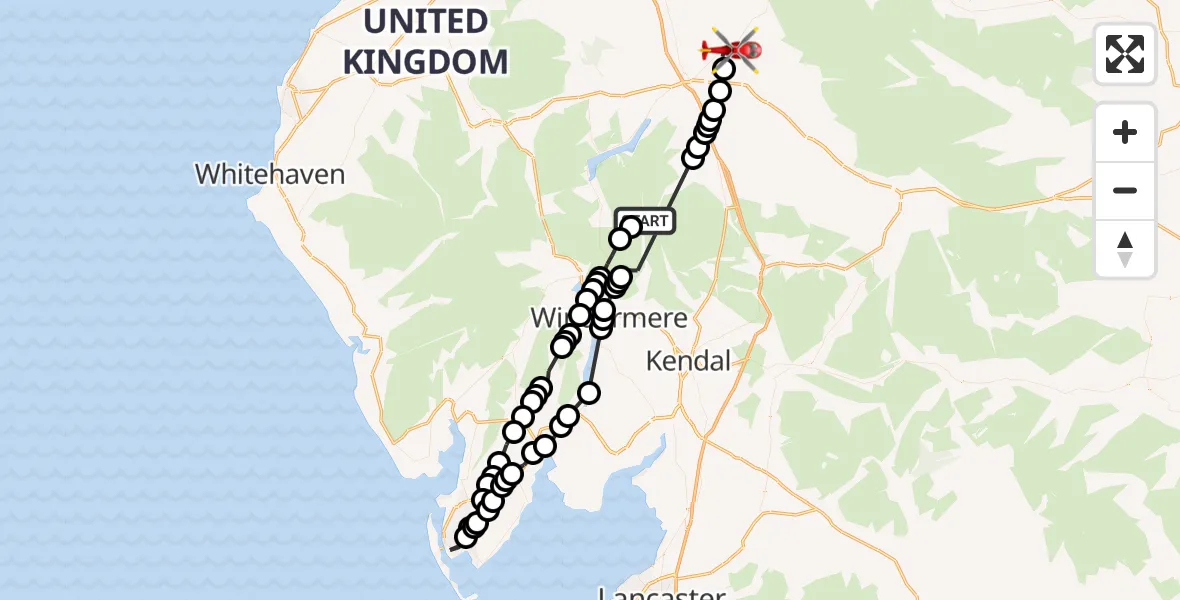 Flight route Air Ambulance Helicopter Shap Rural - Langwathby, 28 May 2026, 14:04