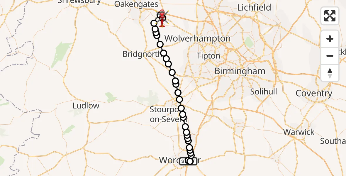 Flight route Air Ambulance Helicopter Worcester Royal Hospital - Tong, 28 May 2026, 14:11