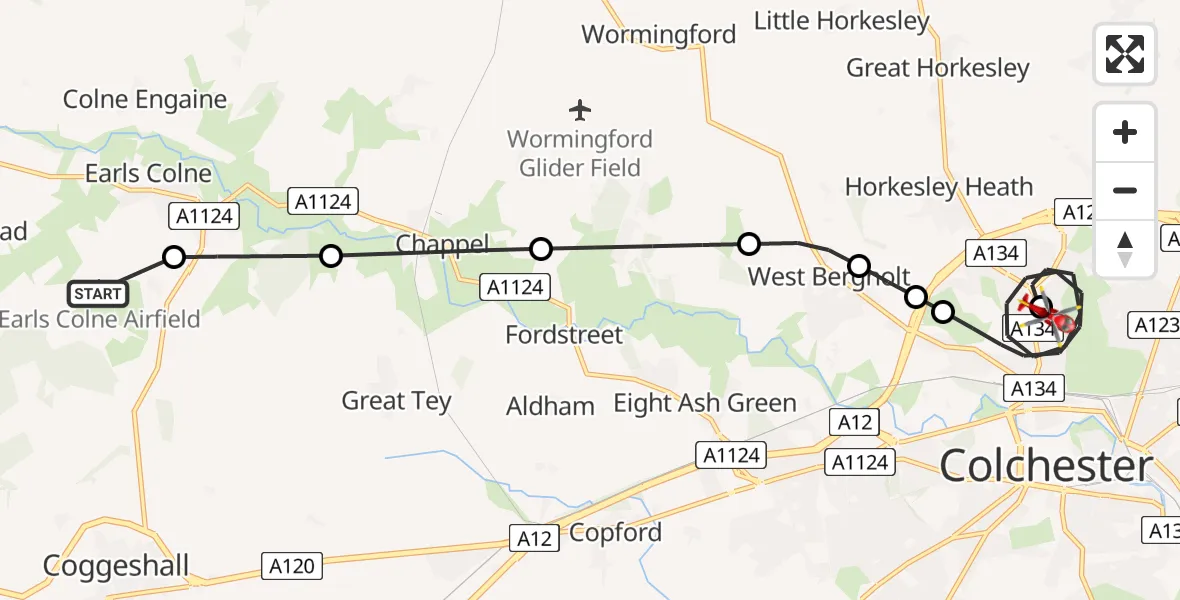 Flight route Air Ambulance Helicopter Earls Colne Airfield - Colchester Hospital, 28 May 2026, 14:13