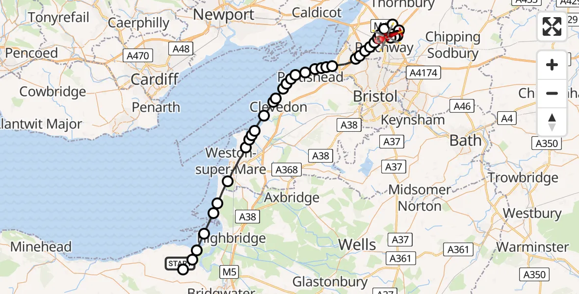 Flight route Air Ambulance Helicopter Stogursey - Almondsbury Helicopter Base, 28 May 2026, 14:18