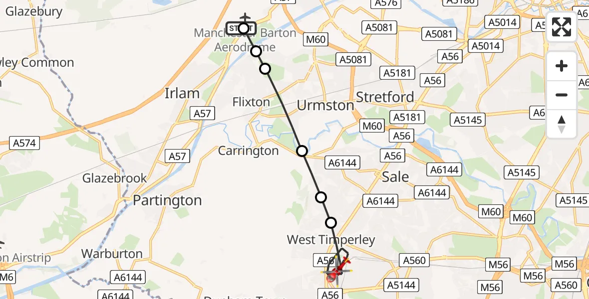 Flight route Air Ambulance Helicopter Manchester Barton Aerodrome - West Timperley, 28 May 2026, 14:18
