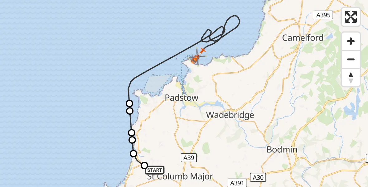 Flight route Coastguard Helicopter Cornwall Airport Newquay - Bristol Channel, 28 May 2026, 14:25
