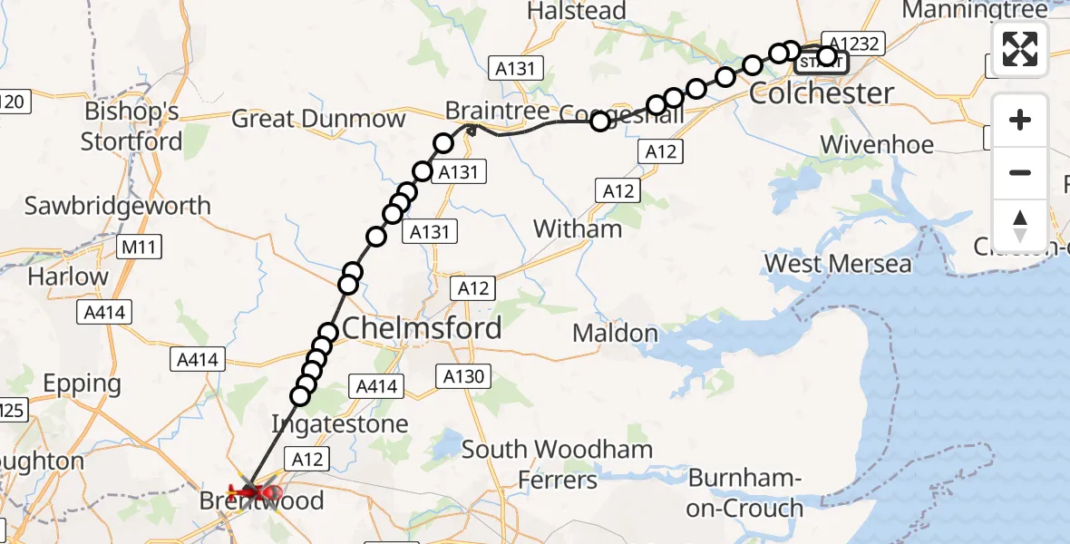 Flight route Air Ambulance Helicopter Colchester Hospital - Brentwood, 28 May 2026, 14:29