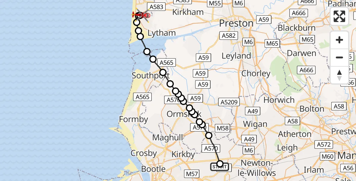 Flight route Air Ambulance Helicopter St Helens - Blackpool Airport, 28 May 2026, 14:32