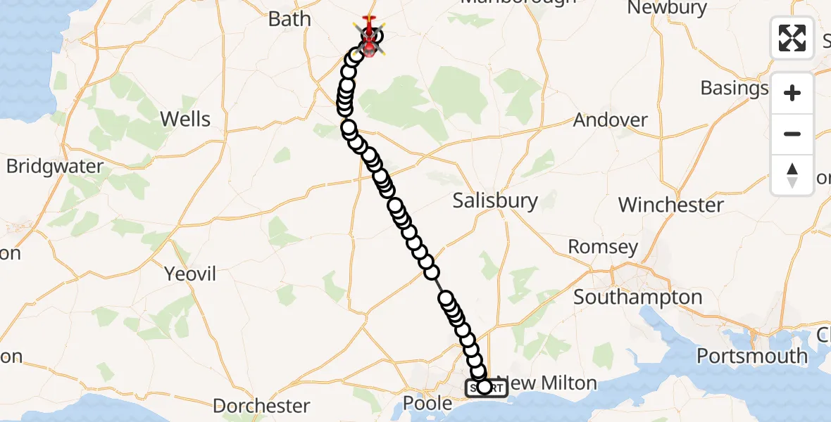 Flight route Air Ambulance Helicopter Royal Bournemouth Hospital - Wiltshire Air Ambulance, 28 May 2026, 14:33