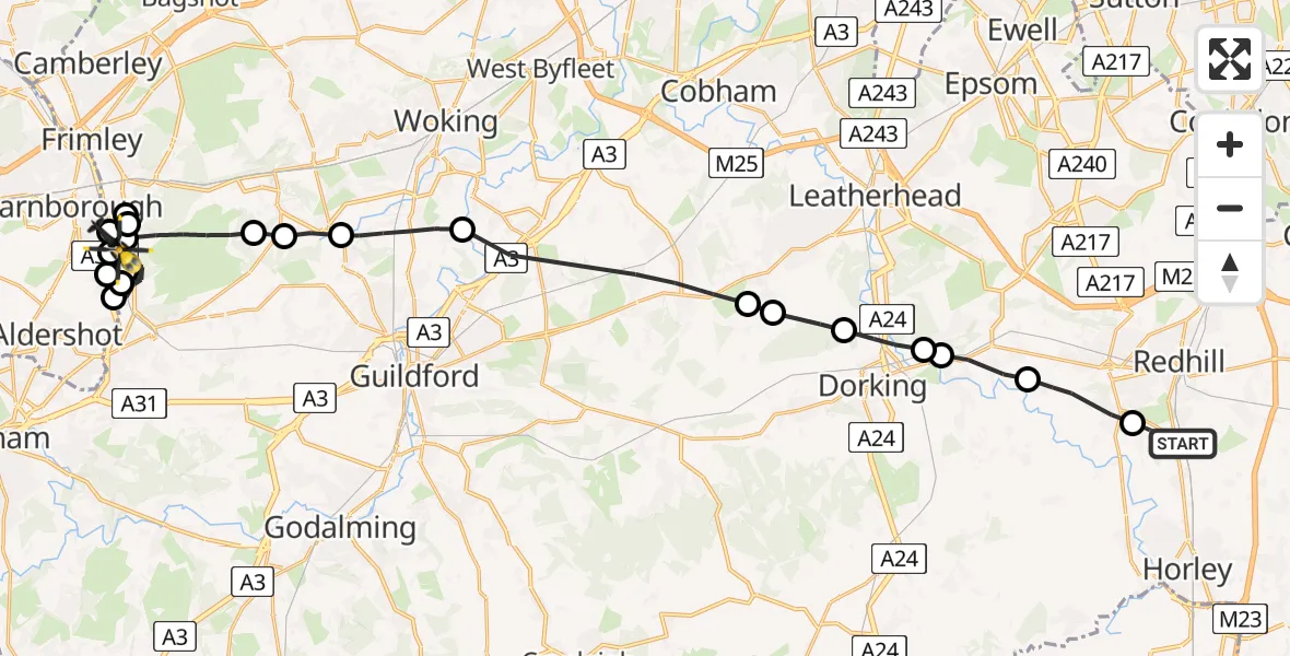 Flight route Police Helicopter Salfords - Mytchett, 28 May 2026, 14:39