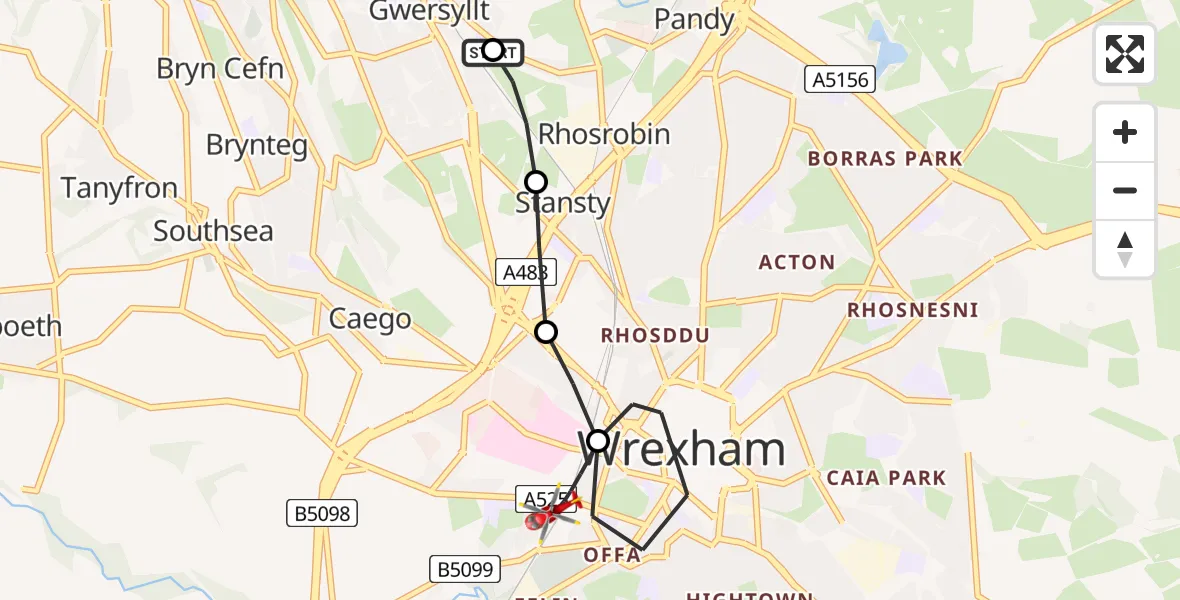 Flight route Air Ambulance Helicopter Bradley - Felin Puleston, 28 May 2026, 14:47