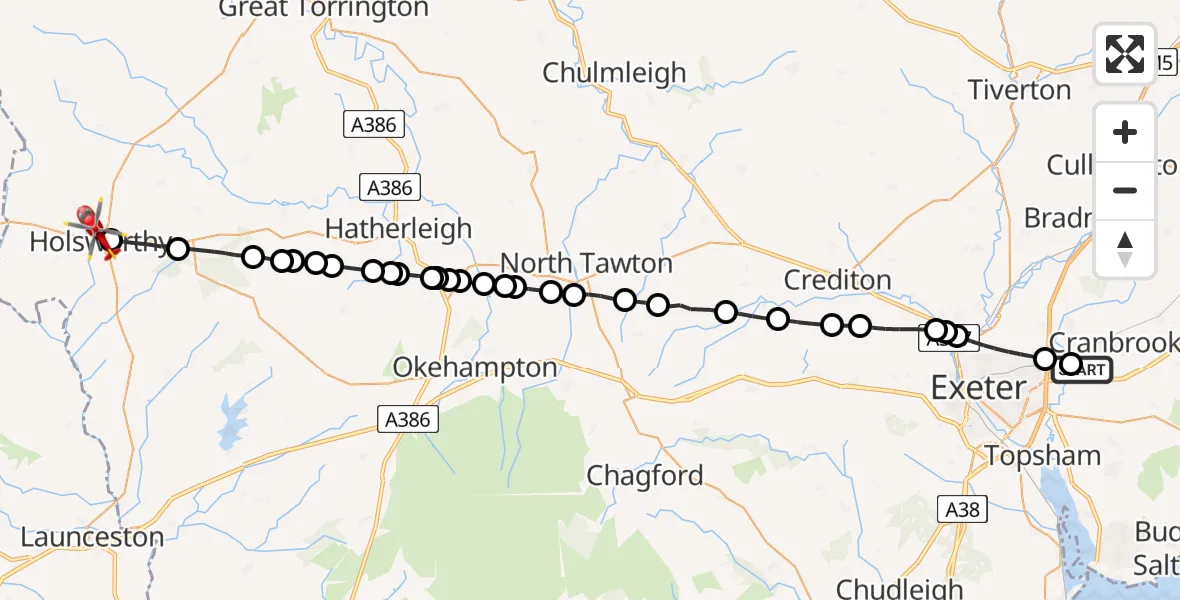Flight route Air Ambulance Helicopter Exeter International Airport - Holsworthy, 28 May 2026, 14:51