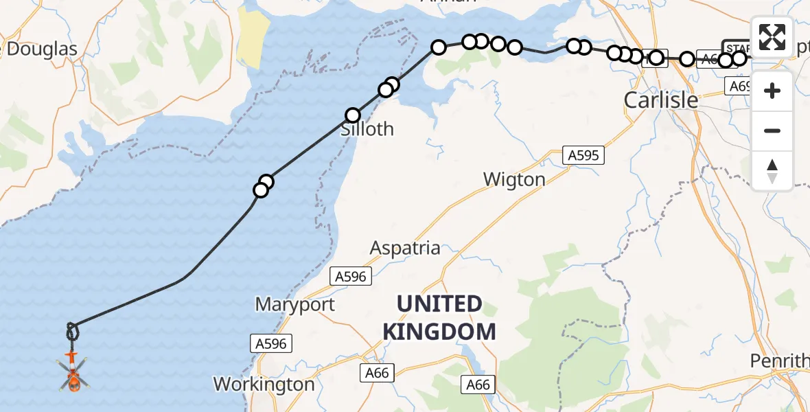 Flight route Coastguard Helicopter Carlisle Lake District Airport - Irish Sea, 28 May 2026, 14:52