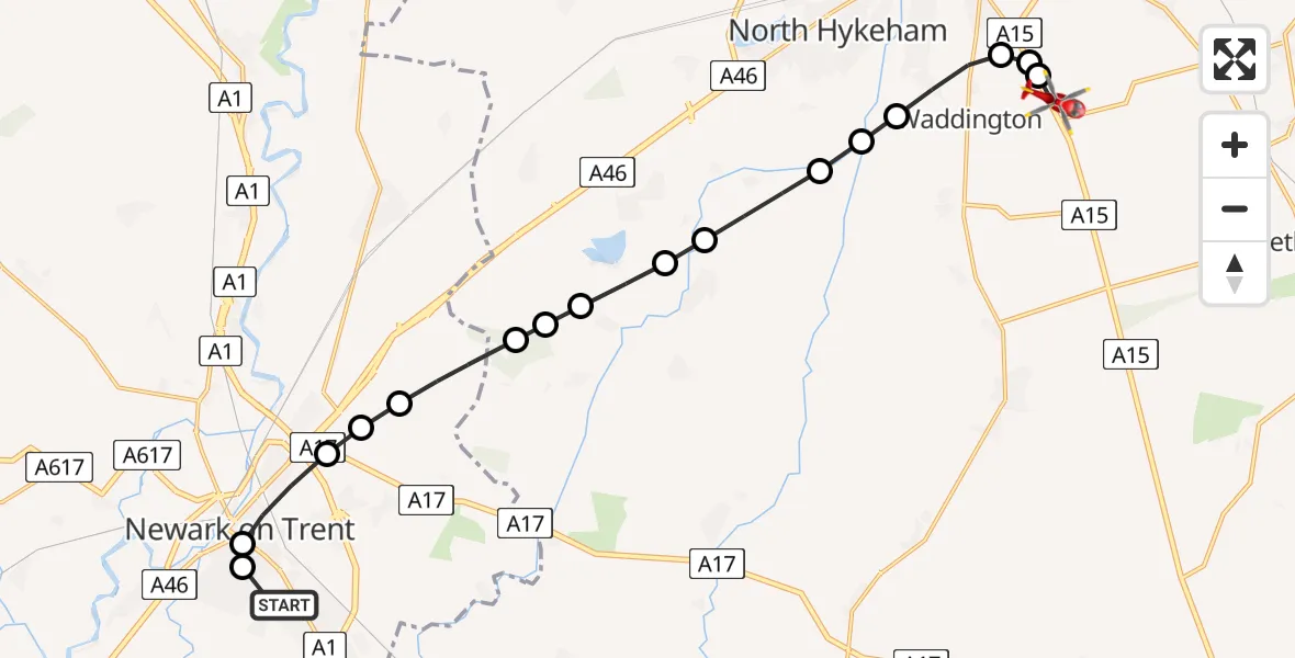 Flight route Air Ambulance Helicopter Newark on Trent - North Kesteven, 28 May 2026, 15:00
