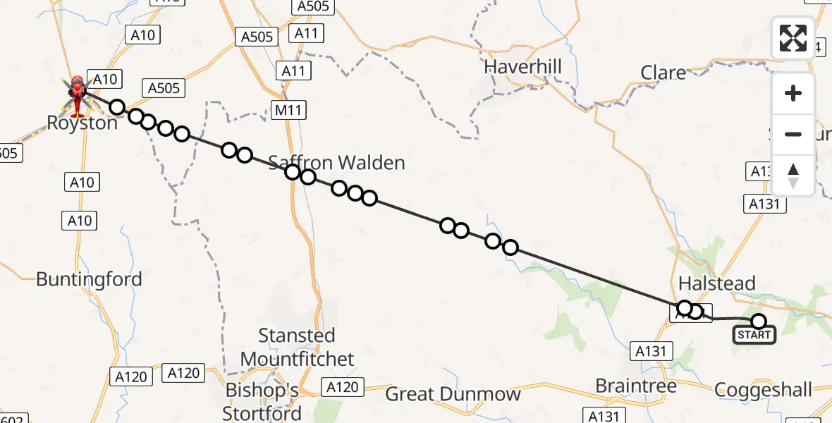 Flight route Air Ambulance Helicopter Earls Colne Airfield - Bassingbourn cum Kneesworth, 28 May 2026, 15:10
