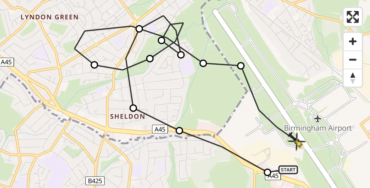 Flight route Police Helicopter Birmingham Airport - Birmingham Airport, 28 May 2026, 15:20