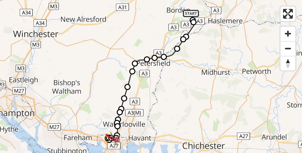 Flight route Air Ambulance Helicopter Passfield - Queen Alexandra Hospital, 28 May 2026, 15:22