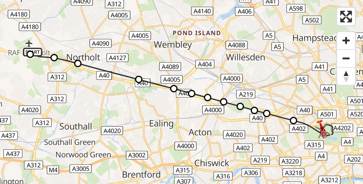 Flight route Air Ambulance Helicopter RAF Northolt - City of Westminster, 28 May 2026, 15:26