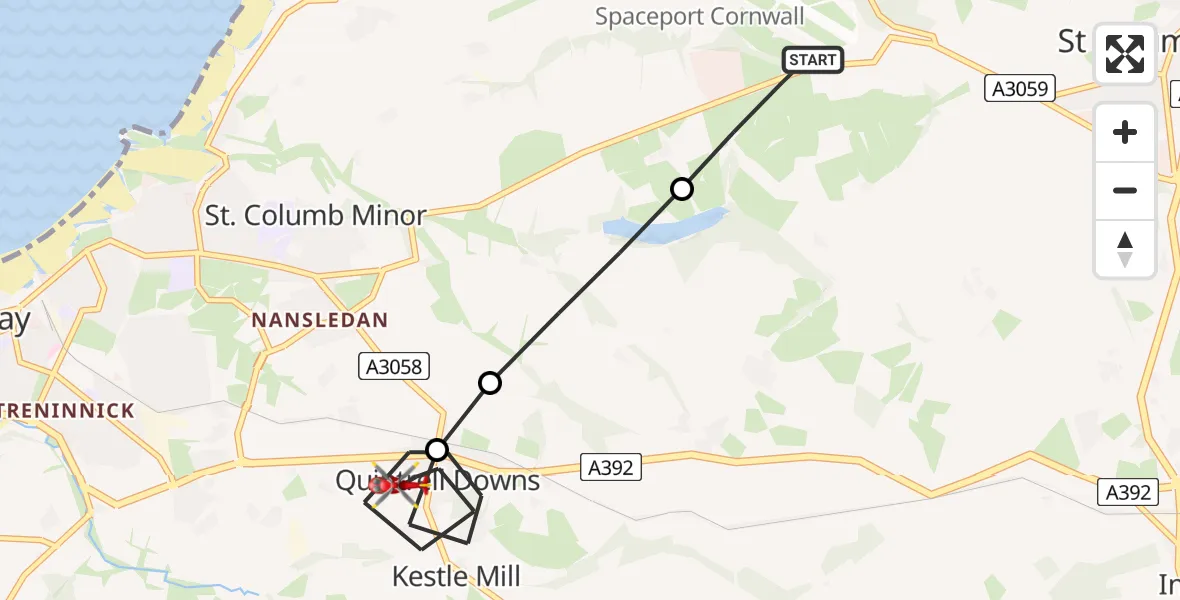 Flight route Air Ambulance Helicopter Cornwall Airport Newquay - Kestle Mill, 28 May 2026, 15:28