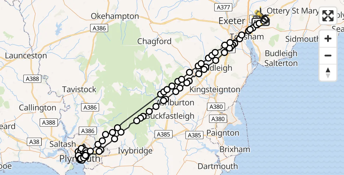 Flight route Police Helicopter East Devon - Exeter International Airport, 28 May 2026, 15:30