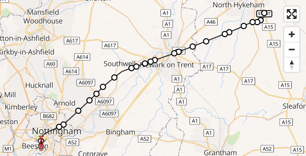 Flight route Air Ambulance Helicopter RAF Waddington - Beeston, 28 May 2026, 15:30