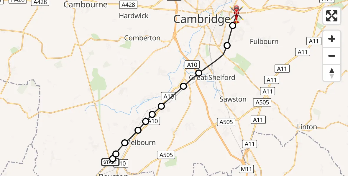 Flight route Air Ambulance Helicopter Bassingbourn cum Kneesworth - Cambridge City Airport, 28 May 2026, 15:46