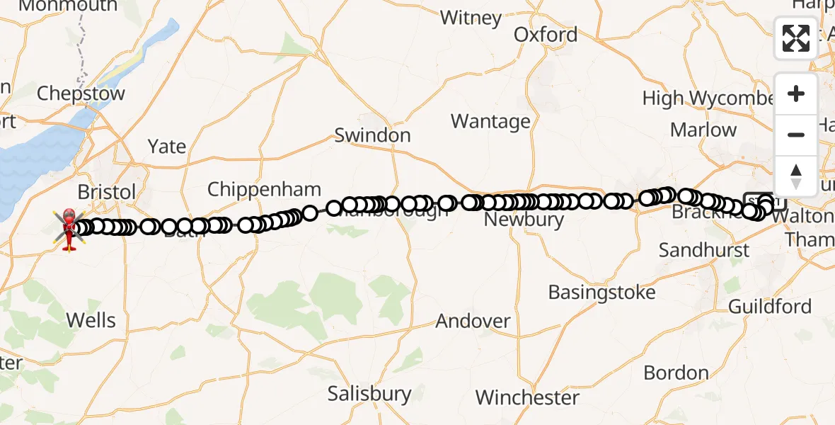 Flight route Air Ambulance Helicopter Bishopsgate House Heliport - Bristol Airport, 28 May 2026, 15:53