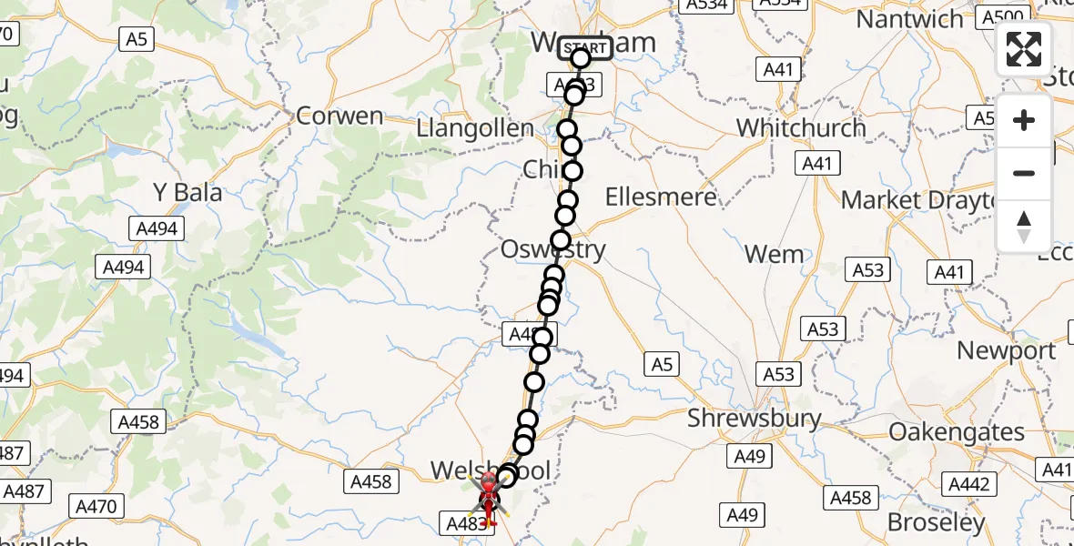 Flight route Air Ambulance Helicopter Felin Puleston - Welshpool Airport, 28 May 2026, 15:53