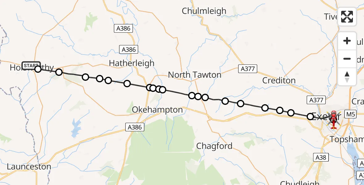 Flight route Air Ambulance Helicopter Holsworthy - Royal Devon & Exeter Hospital, 28 May 2026, 15:53