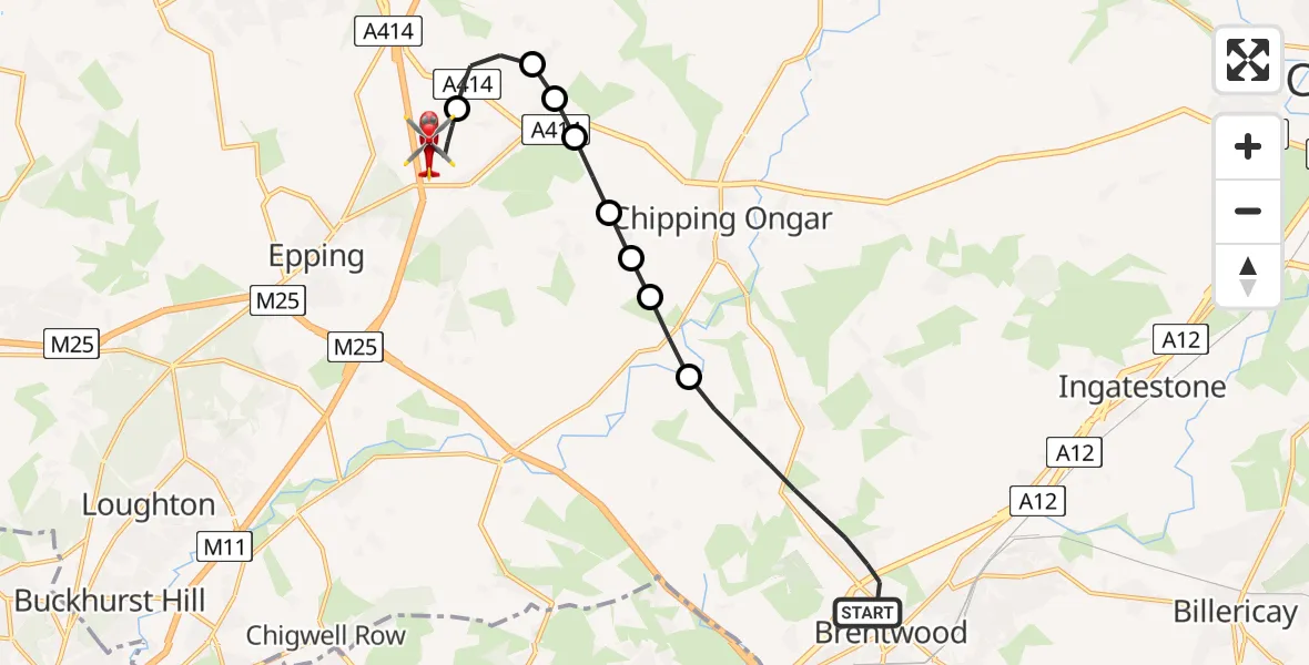 Flight route Air Ambulance Helicopter Brentwood - North Weald Airfield, 28 May 2026, 16:00