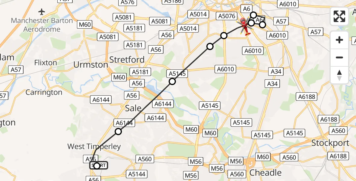 Flight route Air Ambulance Helicopter West Timperley - Chorlton-on-Medlock, 28 May 2026, 16:03
