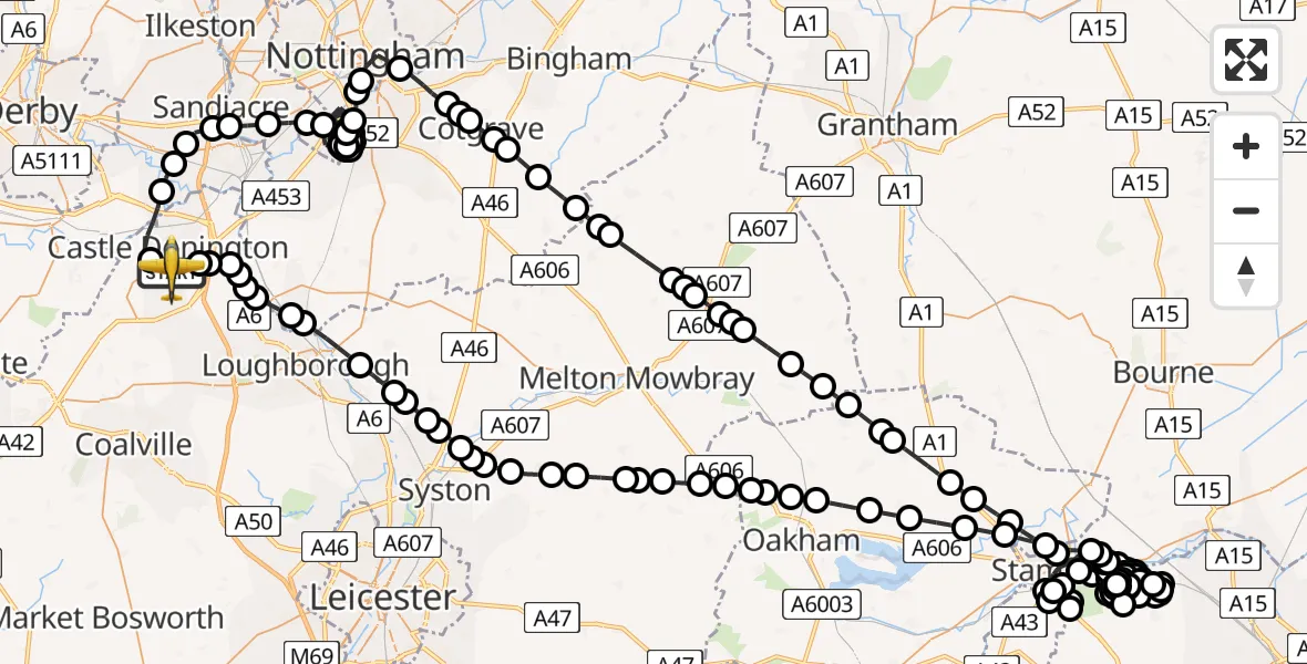 Flight route Police Aircraft East Midlands Airport - East Midlands Airport, 28 May 2026, 16:10