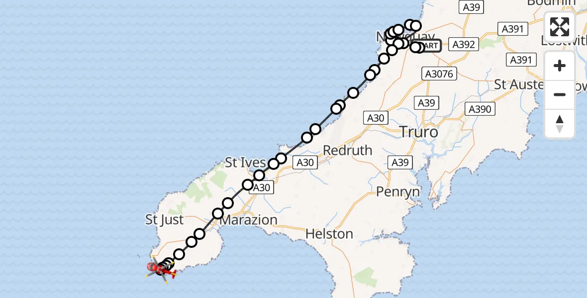 Flight route Air Ambulance Helicopter Kestle Mill - St. Levan, 28 May 2026, 16:12
