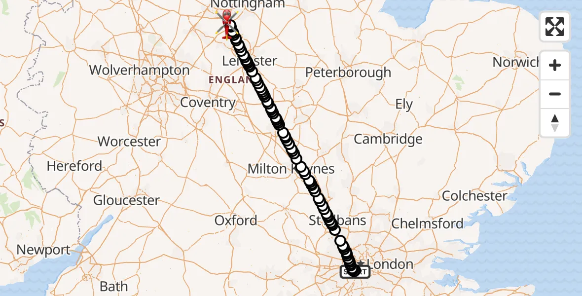 Flight route Air Ambulance Helicopter London Heliport - East Midlands Airport, 28 May 2026, 16:20