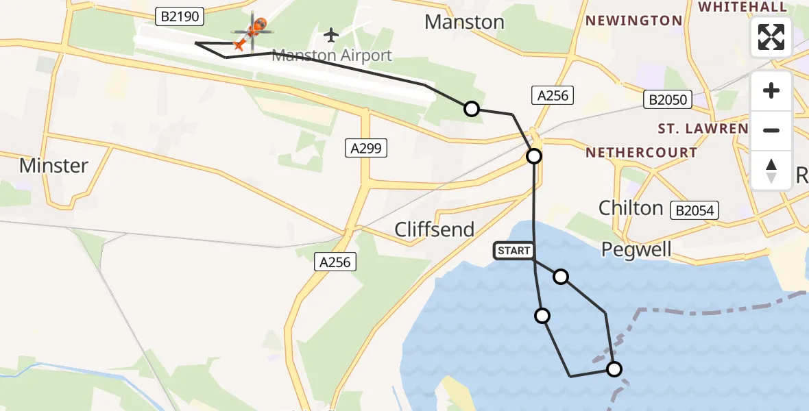 Flight route Coastguard Helicopter Cliffsend - Manston Airport, 28 May 2026, 16:20