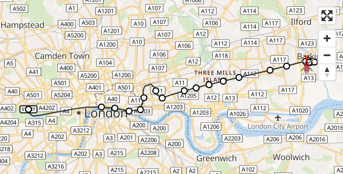 Flight route Air Ambulance Helicopter City of Westminster - Barking and Dagenham, 28 May 2026, 16:30