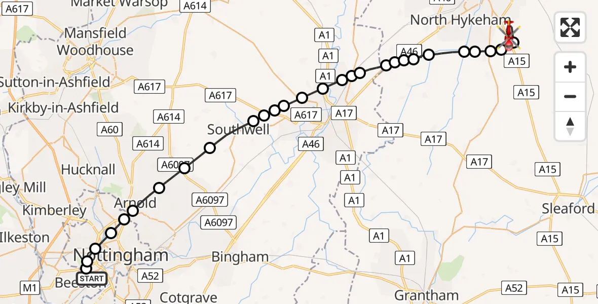 Flight route Air Ambulance Helicopter Beeston - North Kesteven, 28 May 2026, 16:32
